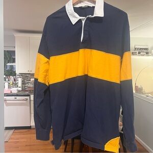 Orvis - Polo Shirt Mens Navy Yellow Stripe Long Sleeve Rugby Preppy Casual XL
